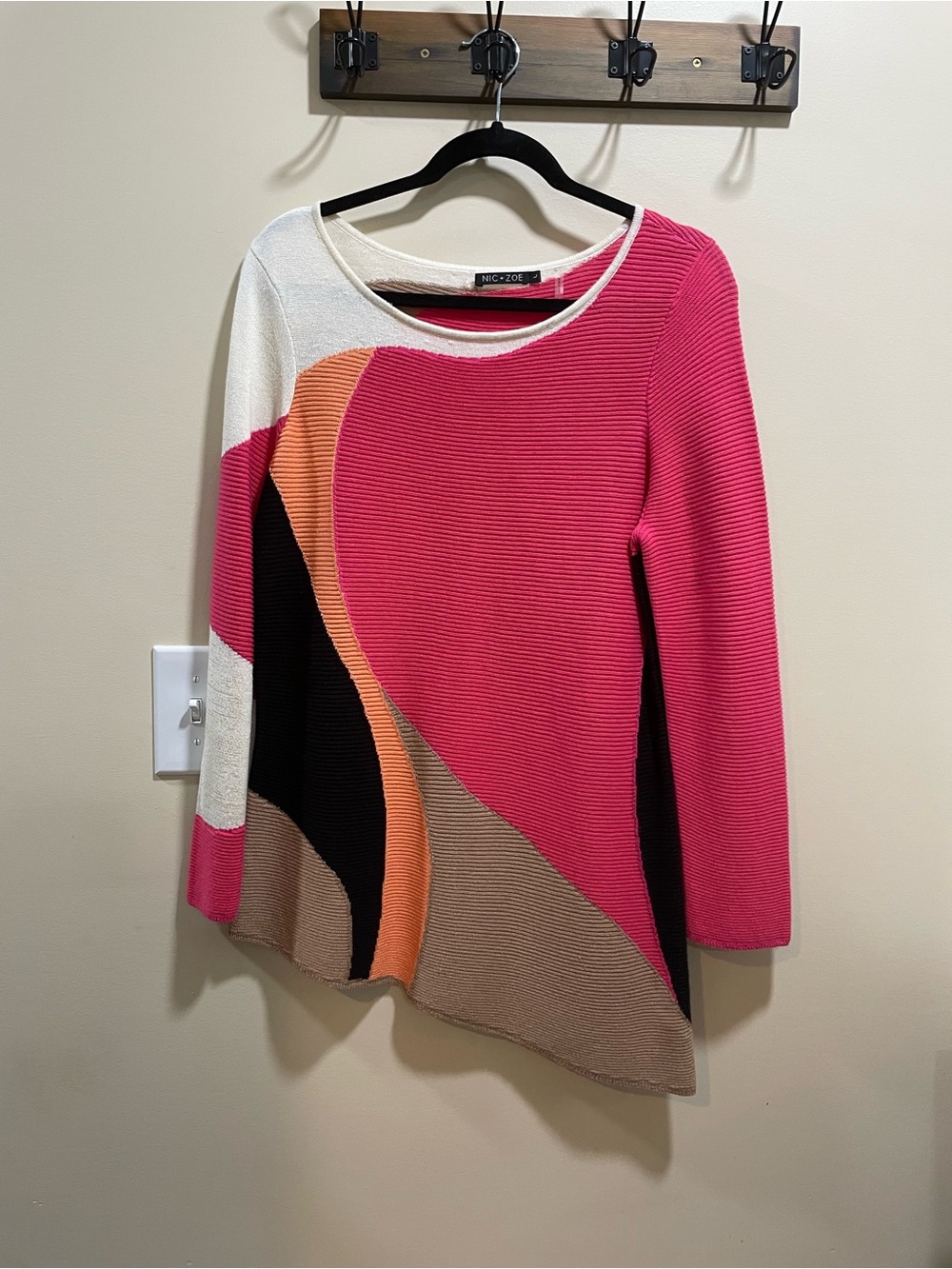 NIC+ZOE Pink and Multi-Color Asymmetrical Ribbed Knit Dress
